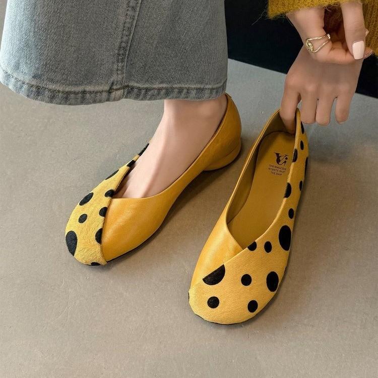 Spring Summer Leather Sweet Style Yellow Polka Dot Shallow Single Shoes for Women, Niche Versatile Shoes, Slip-on Small C