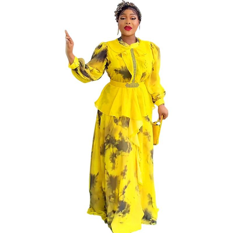 New Vintage Ruffled Print Long Dress for Plus Size Women