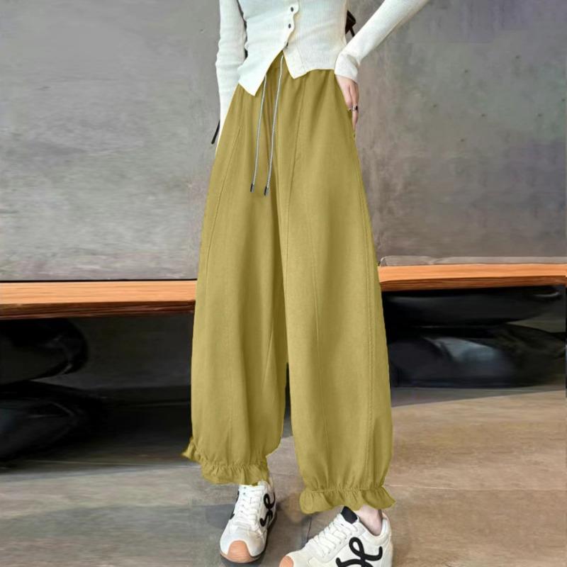summer autumn elastic waist loose casual ruffles ankle length pants women solid color all-match trousers