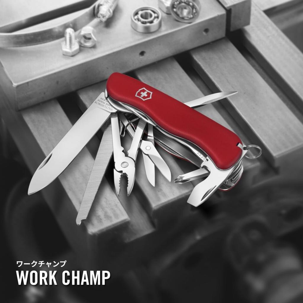 Victorinox Work Champ Red Swiss Army a z 21, w tym metalowe i metalowe ostrze, szwajcarski scyzoryk wielofunkcyjny, szczypce, pilnik, piła. [Kod produktu]