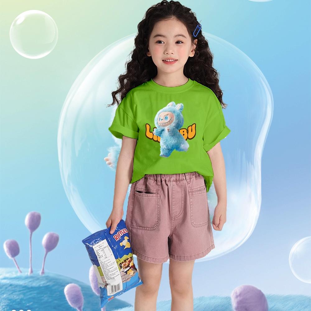 

Labubu Printed T-shirt for Girls Summer Korean Cartoon Pattern Round Neck Short Sleeved Popular Children s Top 100