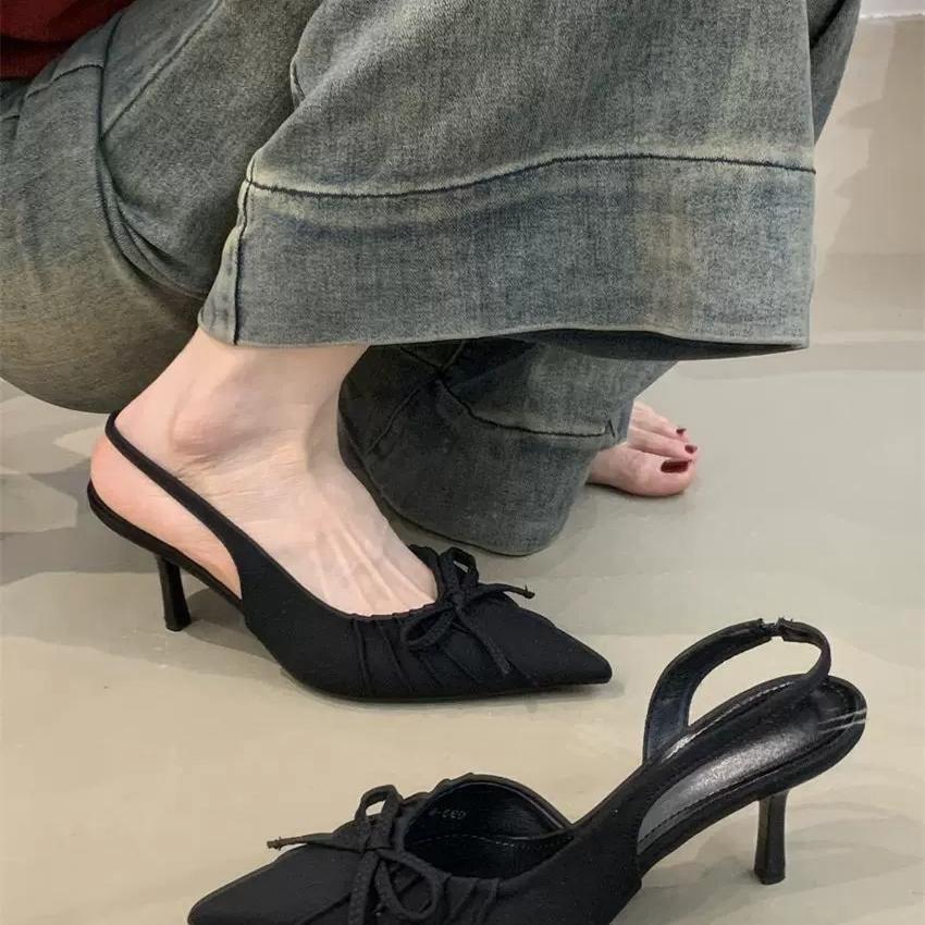 Niche temperament socialite Baotou high-heeled sandals women 2025 new pointed pleated shallow single shoes women