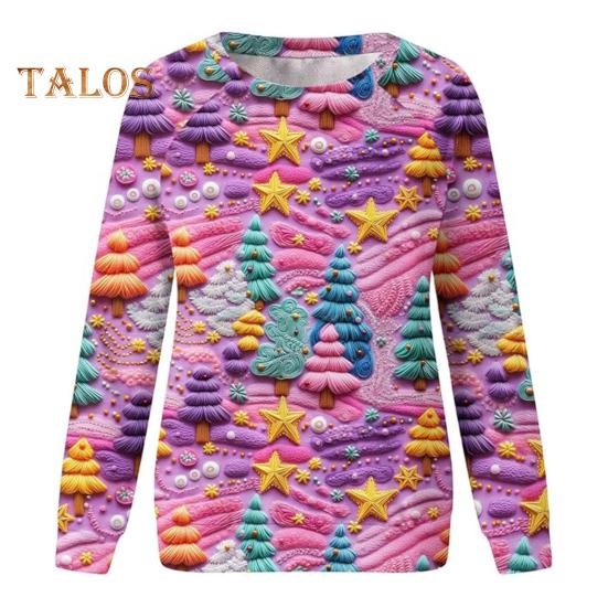 Julegenser Dame 3D Juletre Hus Trykk Rund Hals Langermet Topper Lett Ferie Genser Topper