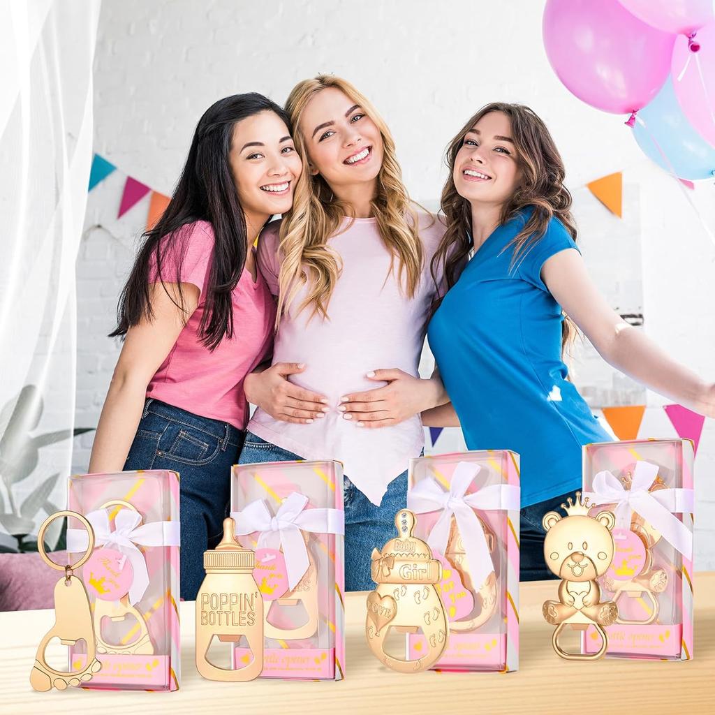 24 Pcs Baby Bottle Opener, Popping Girl Bear Footprint Keychain Bottle Openers with Pink Gift Box, Baby Shower Party Favors for Guests, Wedding