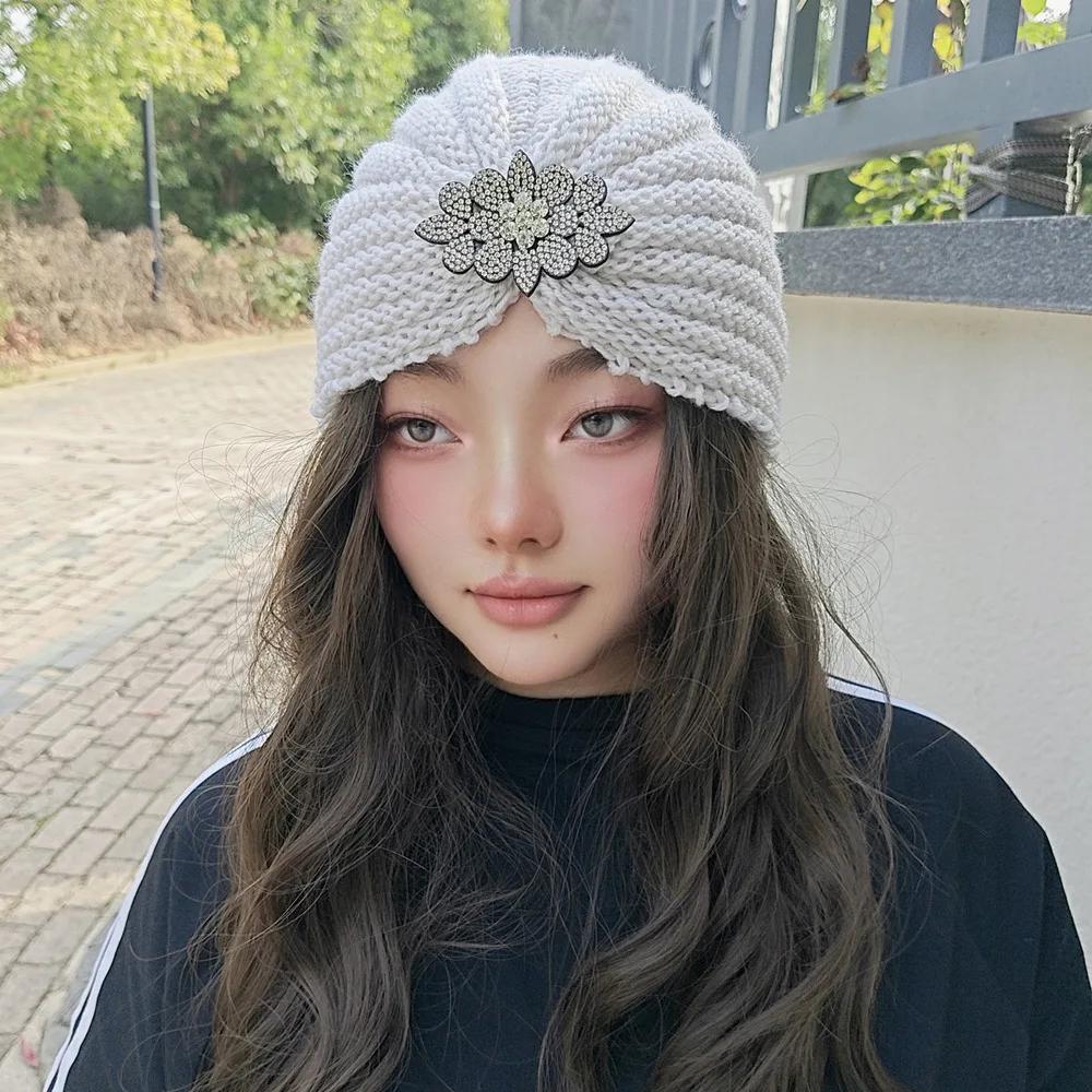 Diamond Knitted Turban Hat Bonnet Cross Wrapped Hat Muslim Bohemia Warm Turbante Cap for Women Winter Autumn Hair Accessories