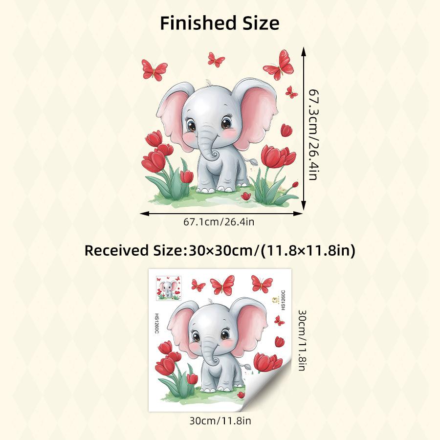 Cute Cartoon Baby Elephant with Butterfly and Tulips in Flower Meadow Wall Stickers, Self-Adhesive Decor for Kids Room Decoration 30x30CM разноцветный
