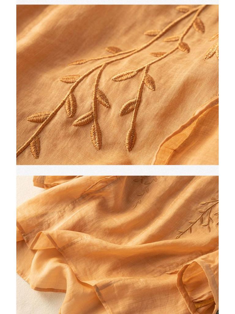 Women's Retro Embroidered Cotton & Linen Top - Loose Fit, Versatile, 2024 Summer Collection