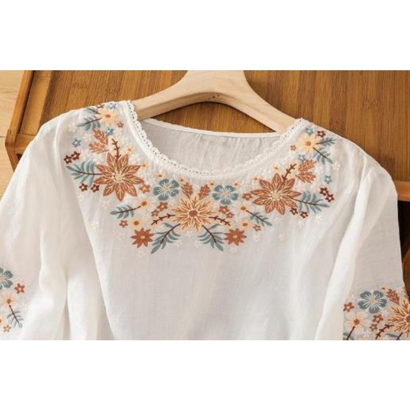 Ladies Shirt Spring Summer Round Neck Embroidered Women's Blouse Elegant Linen Lady Loose