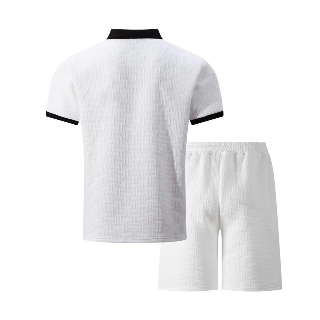 European Men's Spring Jacquard Polo & Shorts Set - Color Block Short Sleeve