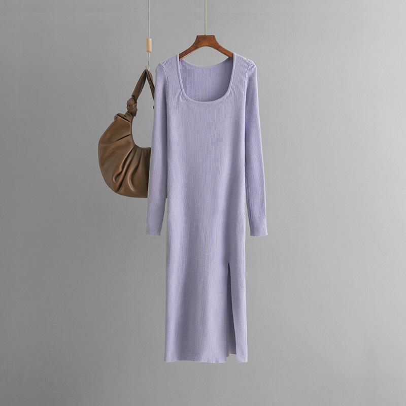 Fall Winter Lazy Wind Loose Square Collar Sweater Dress Women's Long Sleeve Solid Color Knit Wide Split Dresses
