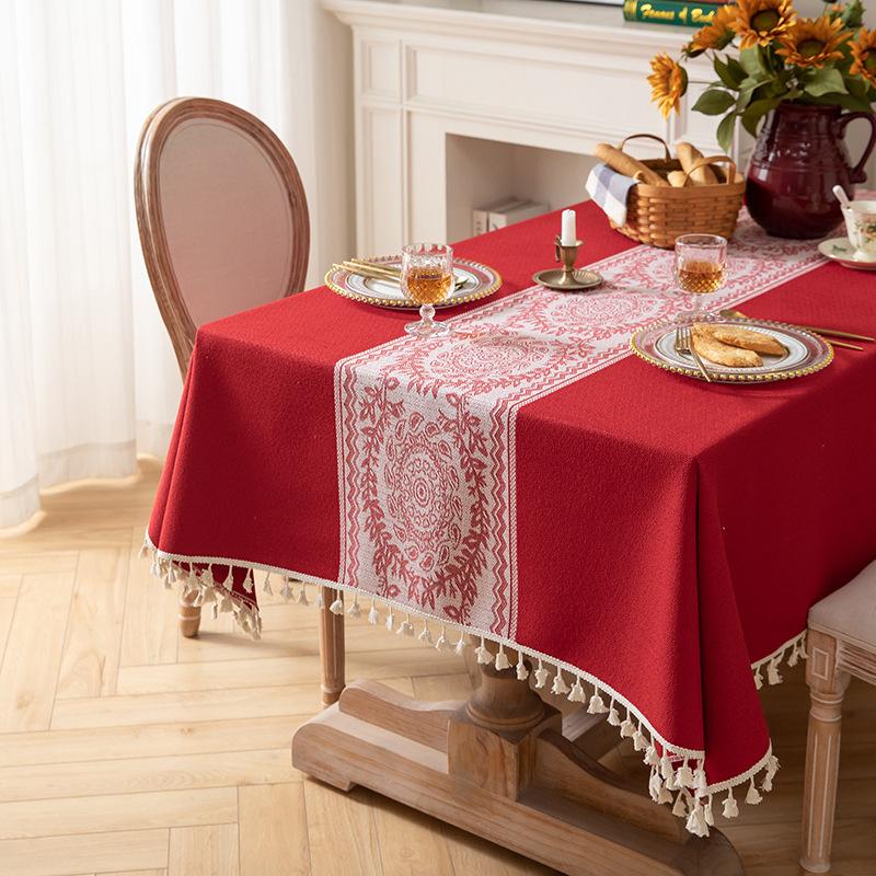 Red Wedding Festive Christmas Day Jacquard Retro Fringed Tablecloth Coffee Table Cloth Dining Table Cloth Cover Towel