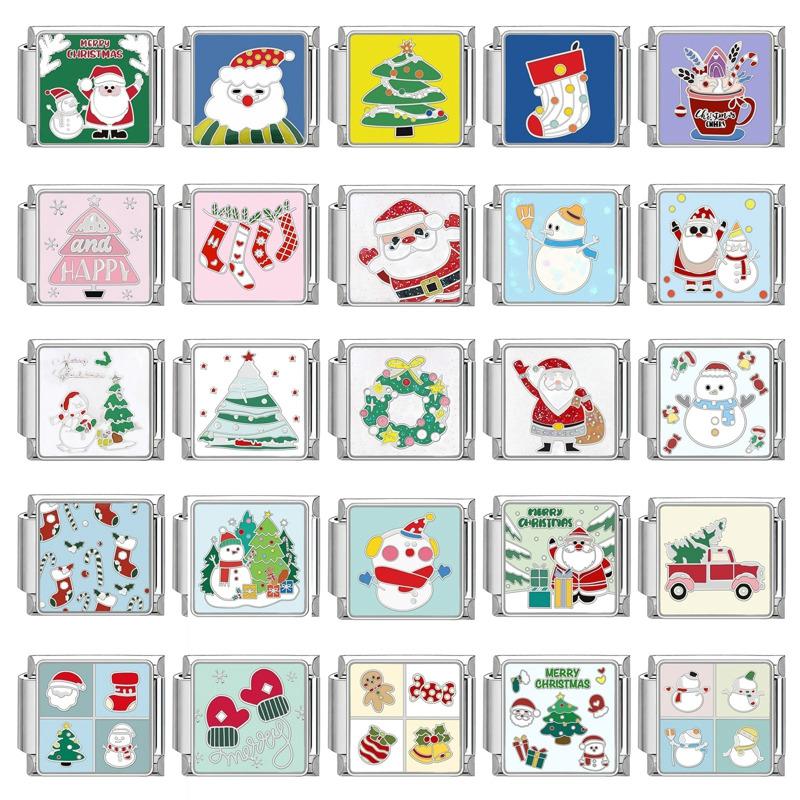Lovely Santa Claus Snowman Christmas Tree Gloves Italian Charm Links Fit 9MM Stainless Steel Bracelet Women Men DIY Making Gifts
