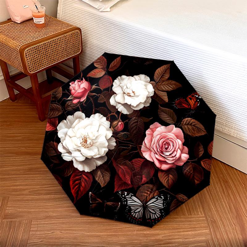 1 PC Automatic Folding Umbrella - Roses and Butterflies Pattern, Portable & Foldable Design with 8 Ribs, Christmas Birthday Gifts