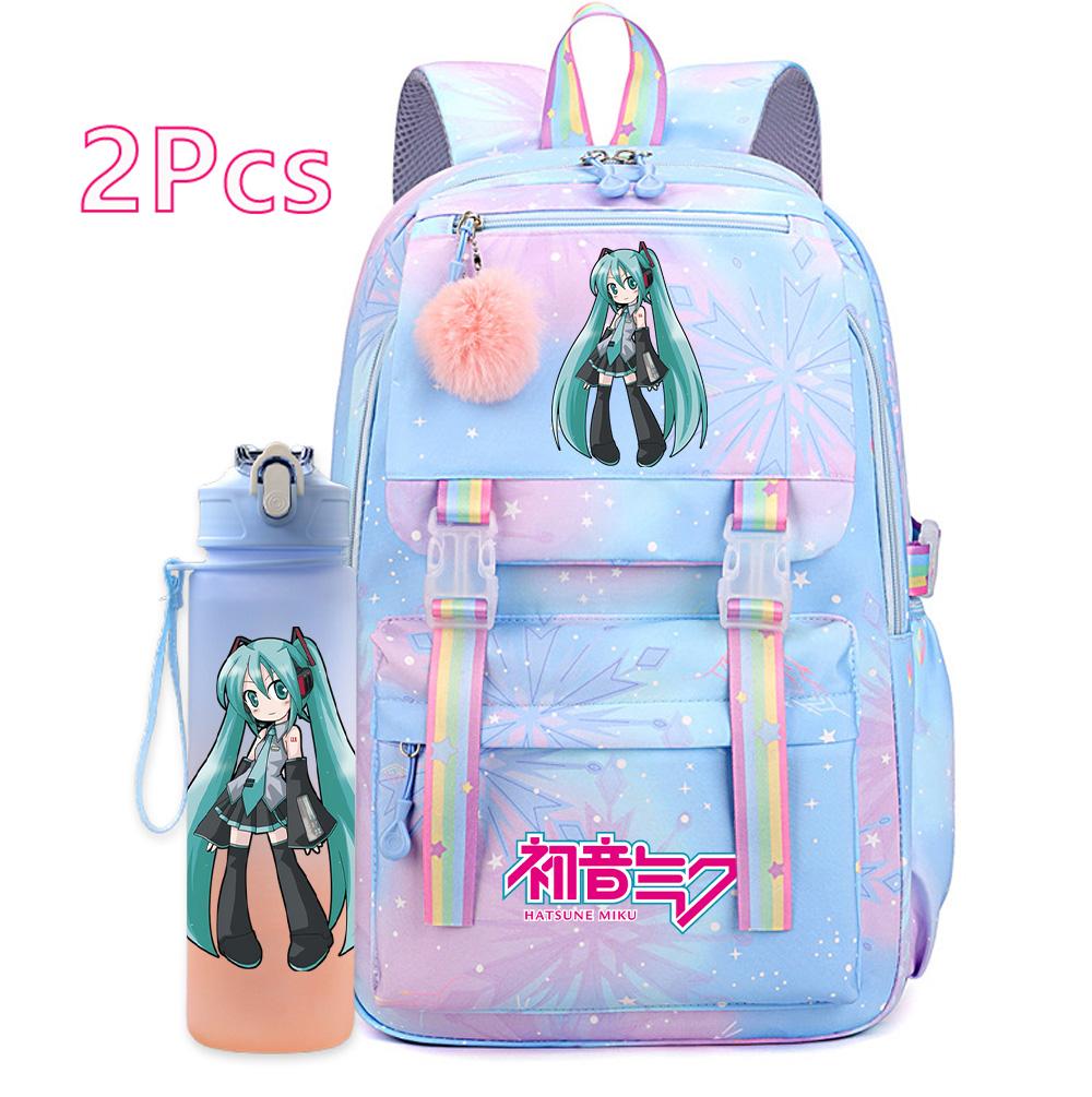 2 st/set Söt Hatsune Miku-tryckt Ryggsäck med 750 ml Vattenflaska för Tonårsflicka Pojke Skolväska Stor Kapacitet Vattentät Resväska Gåva