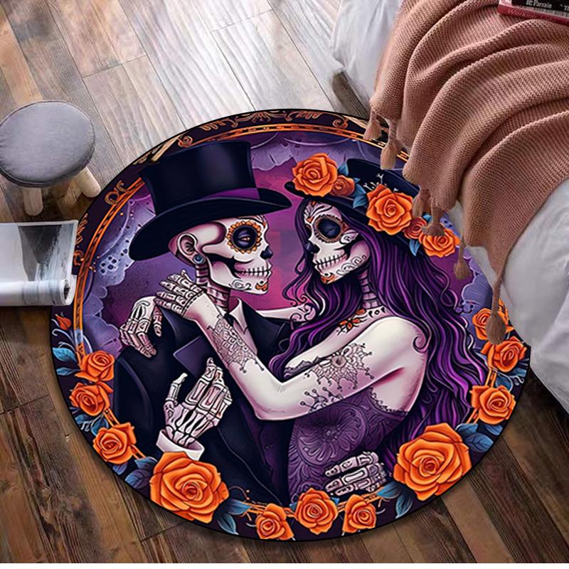 1Pc Day of the Dead Skull Circular Print Rug - Home Decoration Carpet For Living Room Bedroom Flooring Computer Chair Area Rug