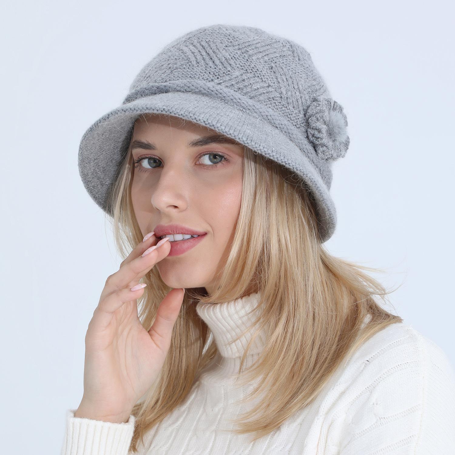 

Knitted Hat New Women s Autumn and Winter Flower Fashion Mom Rabbit Wool Basin Hat Plus Velvet Thickened Warm Hat One size