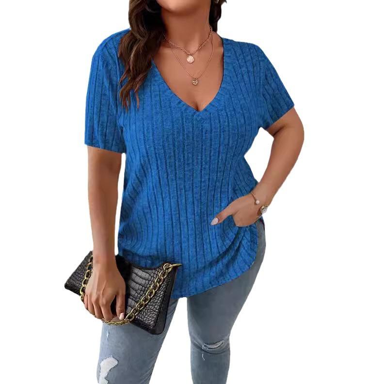 Frühling und Sommer Reine Farbe Elegant Top V-Ausschnitt Rippstrick Pullover Kurzärmelig Übergröße Damen T-Shirts