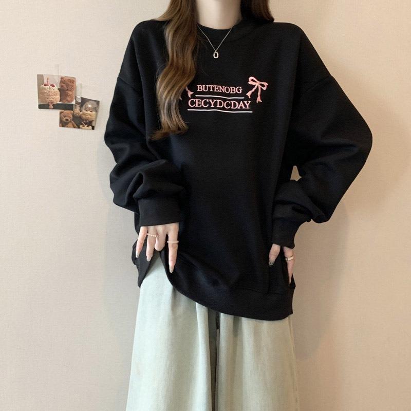 

Реальное фото с хлопковой вышивкой-бантом, женский сезонный тонкий свободный пуловер с длинными рукавами без капюшона 2XL чёрный