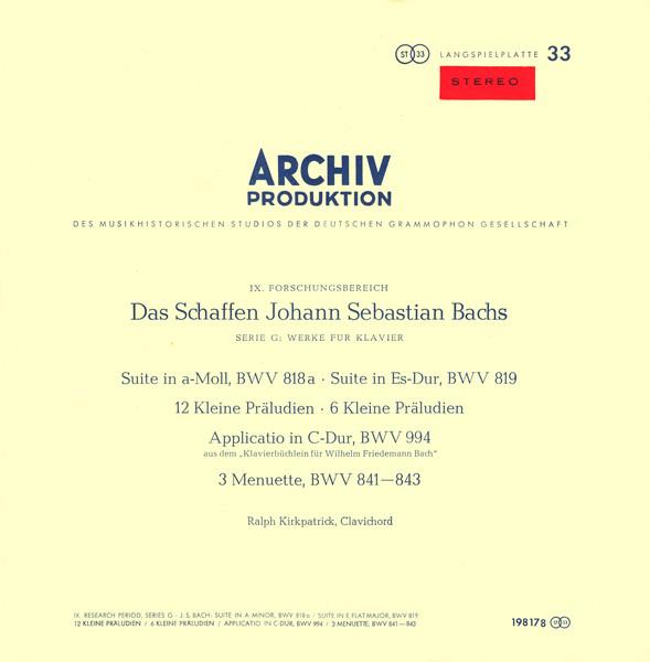 

LP Record JOHANN SEBASTIAN BACH, RALPH KIRKPA - Suite In A-Moll, BWV 818a  Suite I 198178 Archiv Produkti 1964 Germany Obi Classical Used