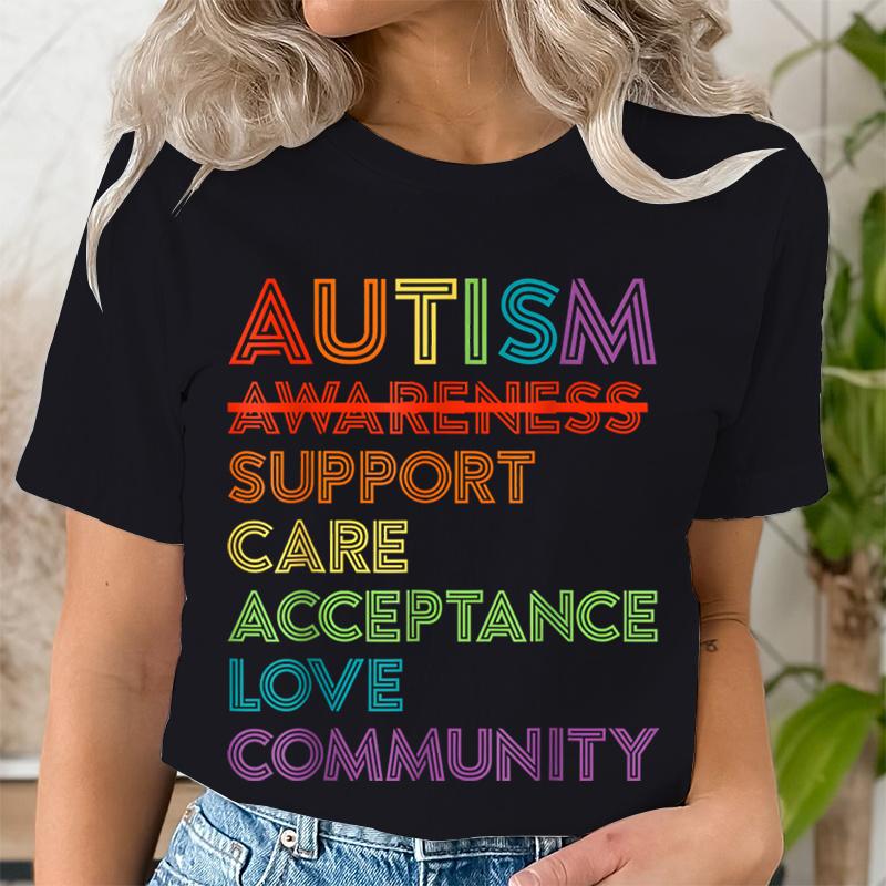 Autism Acceptance and The Neurodiversity Graphic Print Tshirt Short Sleeve ONeck Casual Top for Summer Spring Womens Clothing