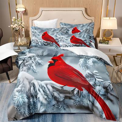 Comforter 3Pcs Red Bird Winter Snow Ultra Soft Comfortable Breathable Bedding Animal Theme For Bedroom