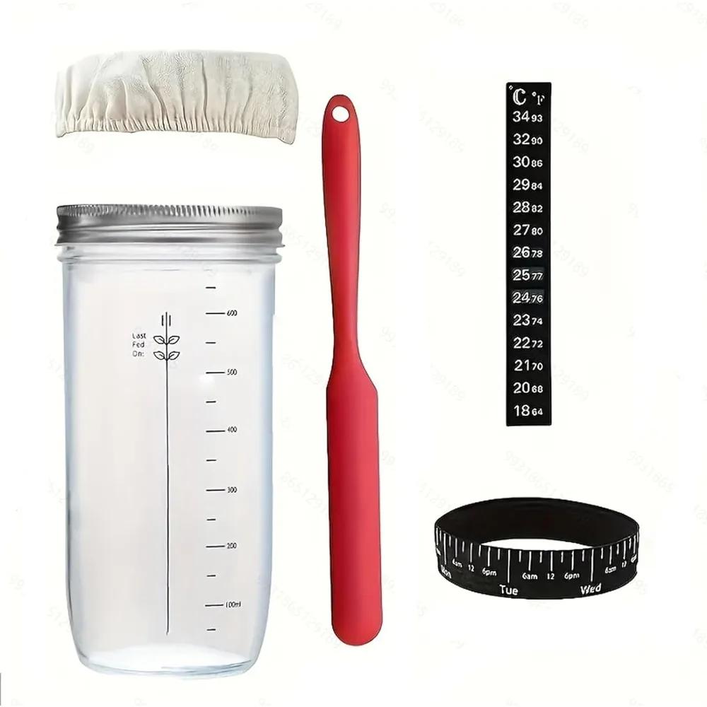 

1pc Sour Dough Starter Container Sourdough Starter 24 Oz Jar with Date Marked Feeding Band Thermometer Silicone Scraper