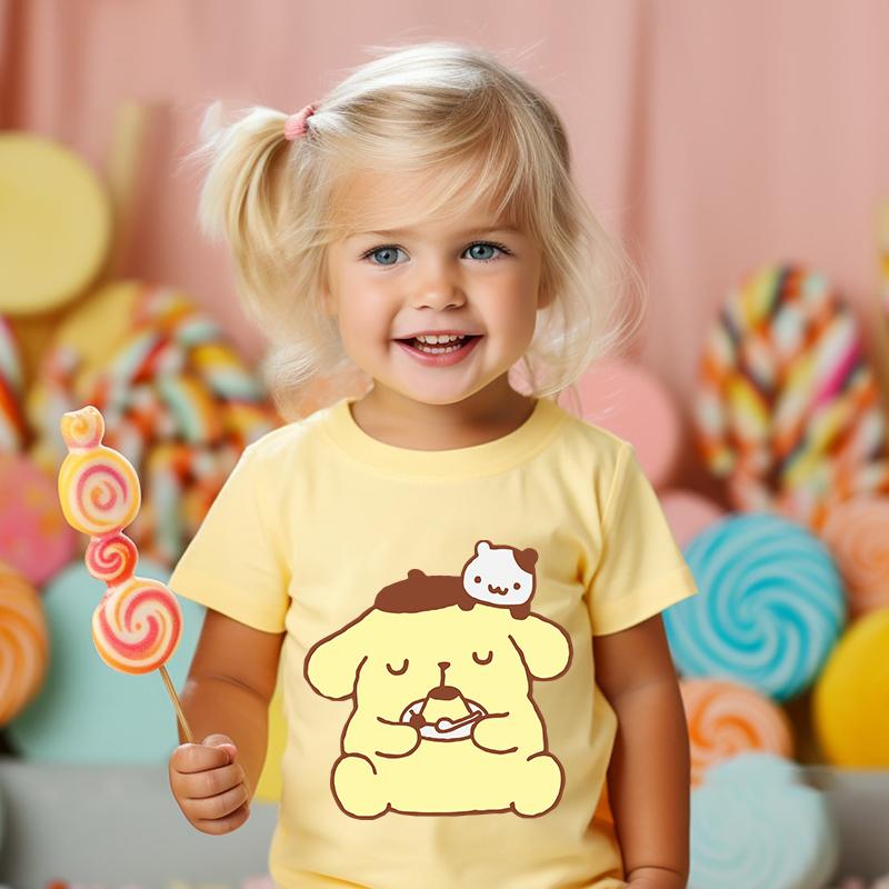 

2025 MINISO Футболка Pompompurin с принтом Детская одежда Детская футболка Желтый Хлопковый топ с коротким рукавом для девочек 100