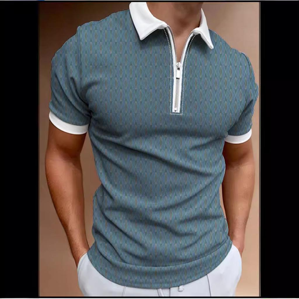 New men's POLO shirt printed striped patchwork short-sleeved T-shirt tops