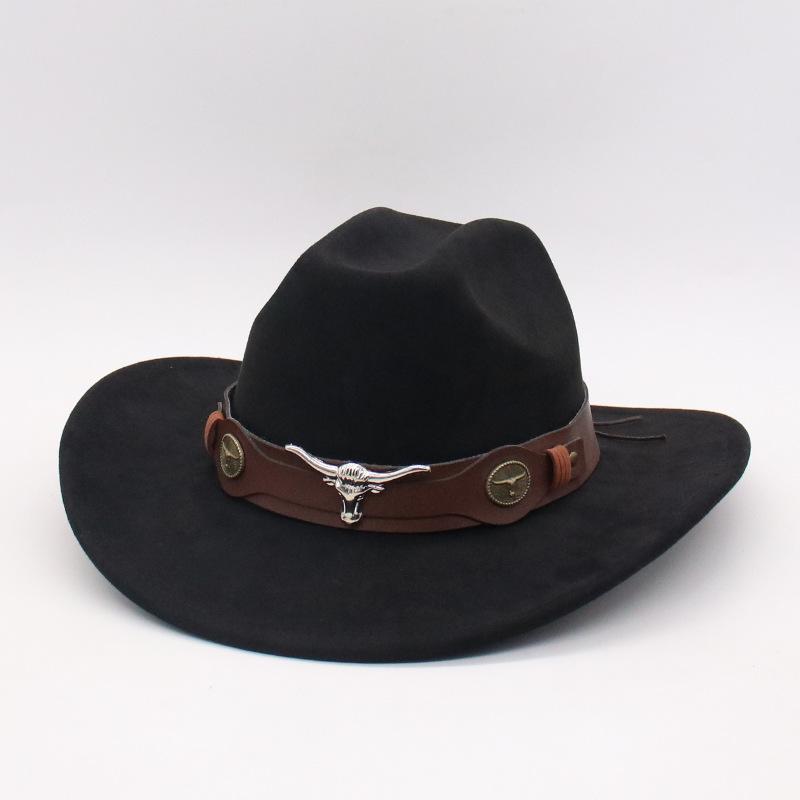 Ethnic Style Western Cowboy Hat Amazon Hot-Selling Stage Jazz Hat Cross-Border Foreign Trade Brown Ox Head Suede Top Hat