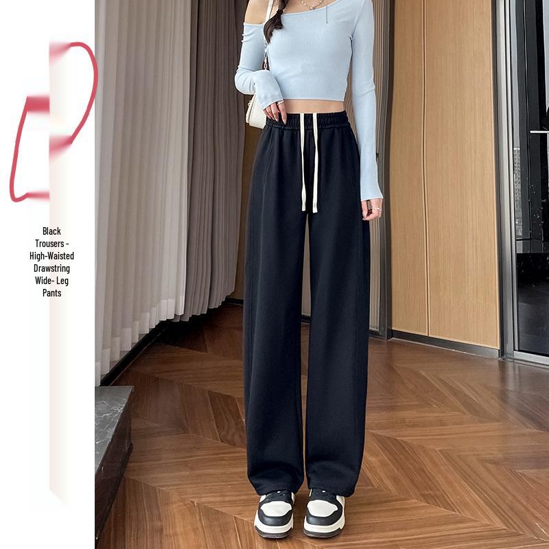 Women s Black Wide-Leg Drawstring Pants - Curved Knife Sports, Slimming, Loose, Casual, Spring/Summer 2026 S