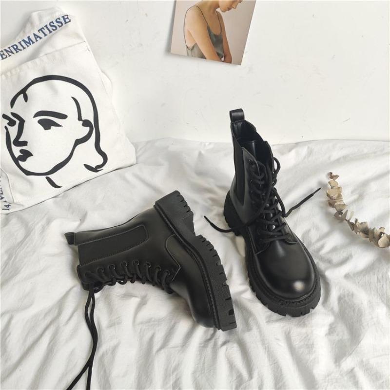 Women's shoes autumn and winter cotton shoes medium top new Martin boots velvet versatile round head medium tube boots women's platform single shoes
