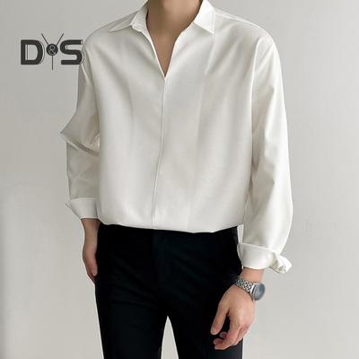Men Spring Autumn Shirt V Neck Lapel Formal Office Shirt Silky Loose Straight Pullover Top Business Dating Party Shirt