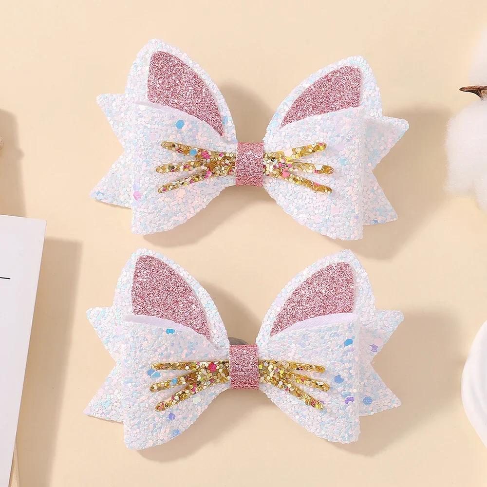 2Pcs/set Cute Gold Cat Hair Clips Glitter Cat Ear Hairpin for Baby Girl Cartoon Animals Barrettes Headwear Hair Accessories