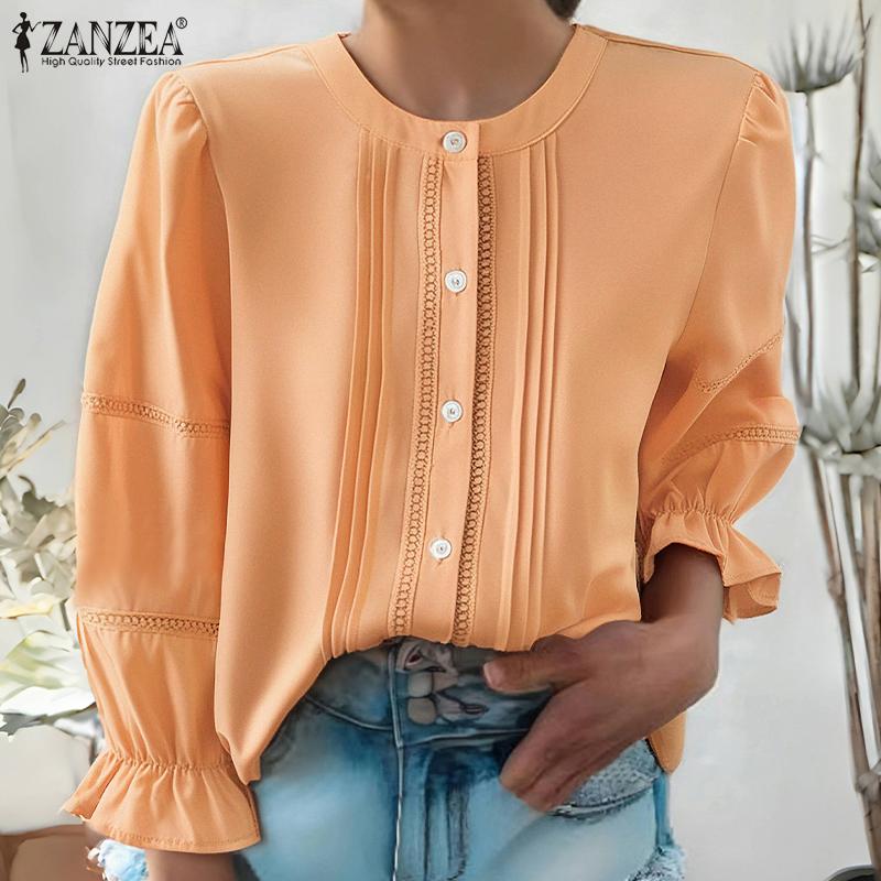 

ZANZEA Женская блузка свободного кроя с длинными рукавами и кружевной вставкой S белый