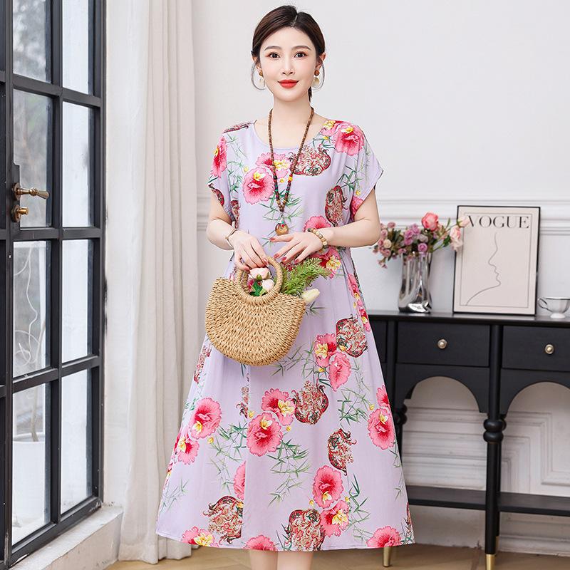New cotton and silk dress summer large size loose fat mother covering belly and looking thin casual floral long skirt