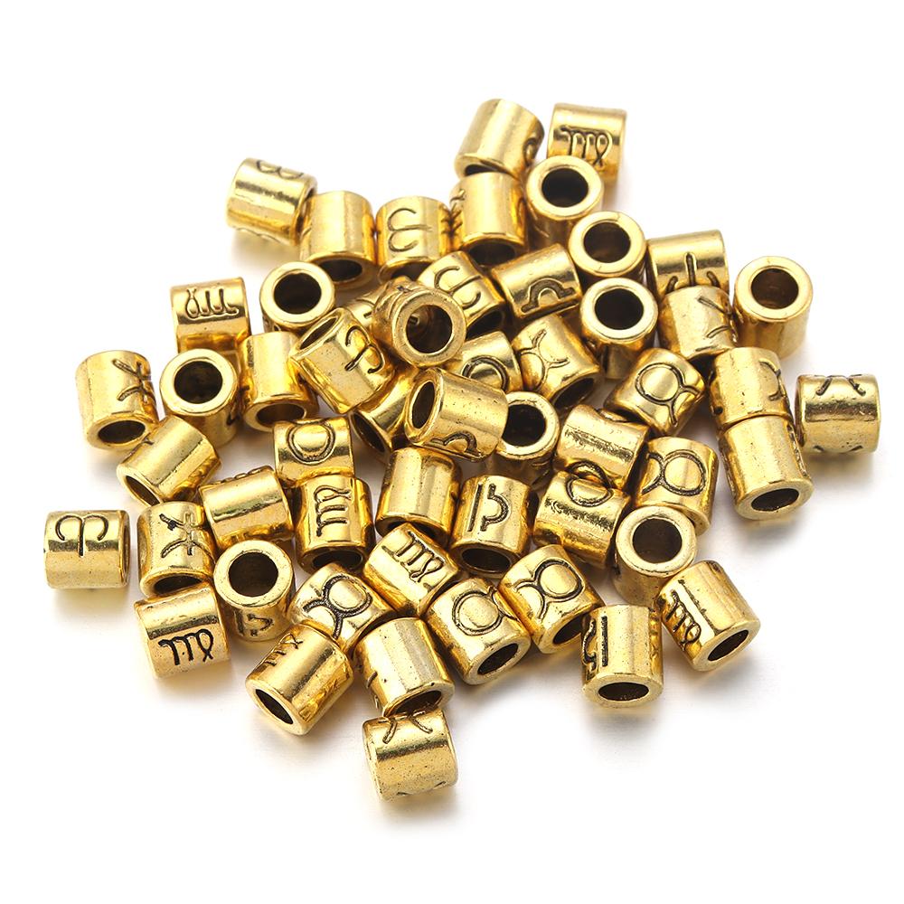 60pcs/lot Twelve Constellations Beads Alloy Beads Big Hole Tube Beads Spacer Loose Beads For Jewelry Making DIY Accessories