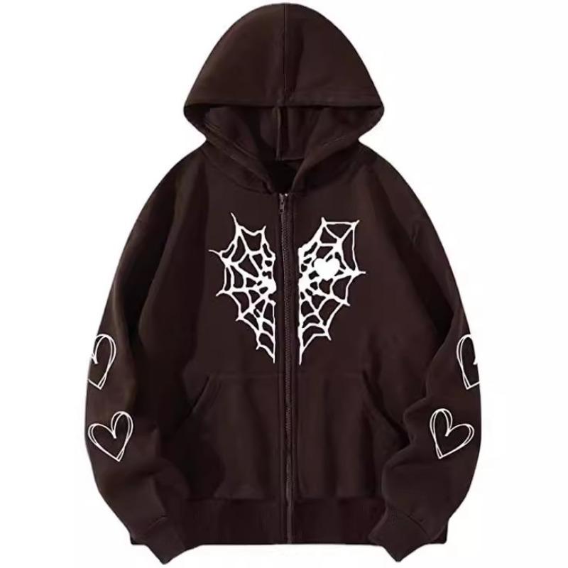 Women S Fall Winter Fleece Hooded Zip Up Cardigan Sweatshirt Spider Web Heart Print