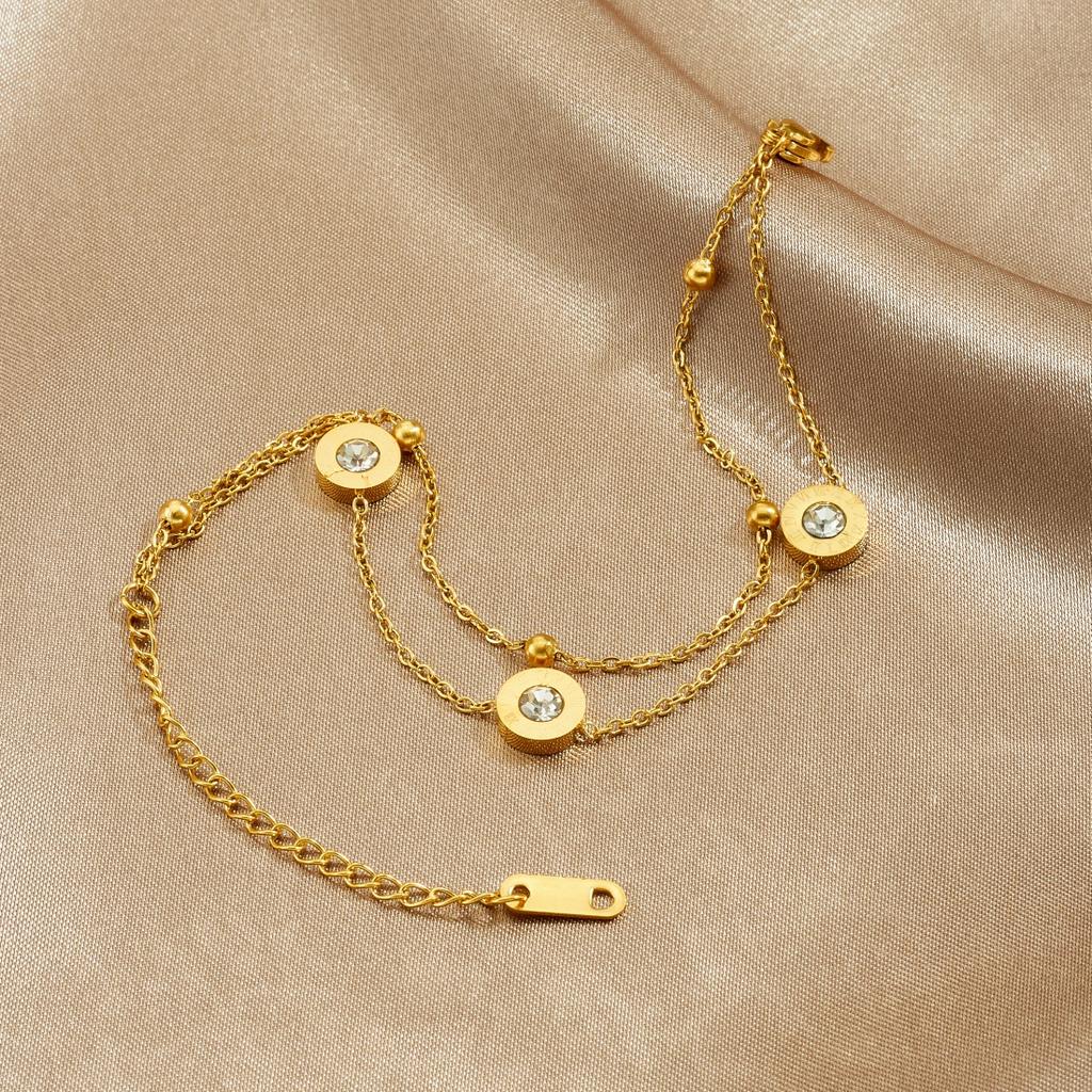 DIEYURO 316L Stainless Steel Golden Roman Numerals Round Inlay Zircon Double layer Bracelet Lady Fashion Wrist Chain Jewelry
