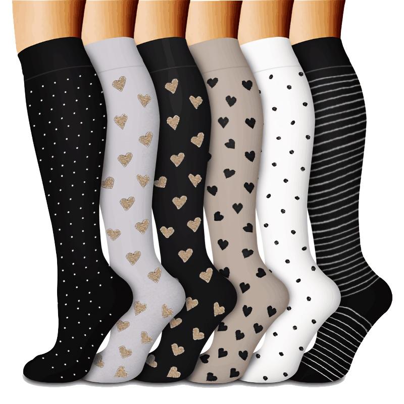 

6 пар комбинированных спортивных компрессионных носков в горошек с надписью Love, для фитнеса, бега, йоги, длинные носки для пеших прогулок, велоспорта, гольфы, семейные подарки S/M