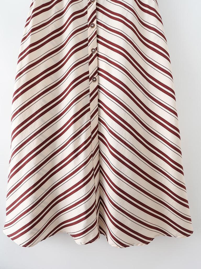 European & American Style Women's V-Neck Striped Midi Dress with Belt, Spring 2026 New Arrivals.