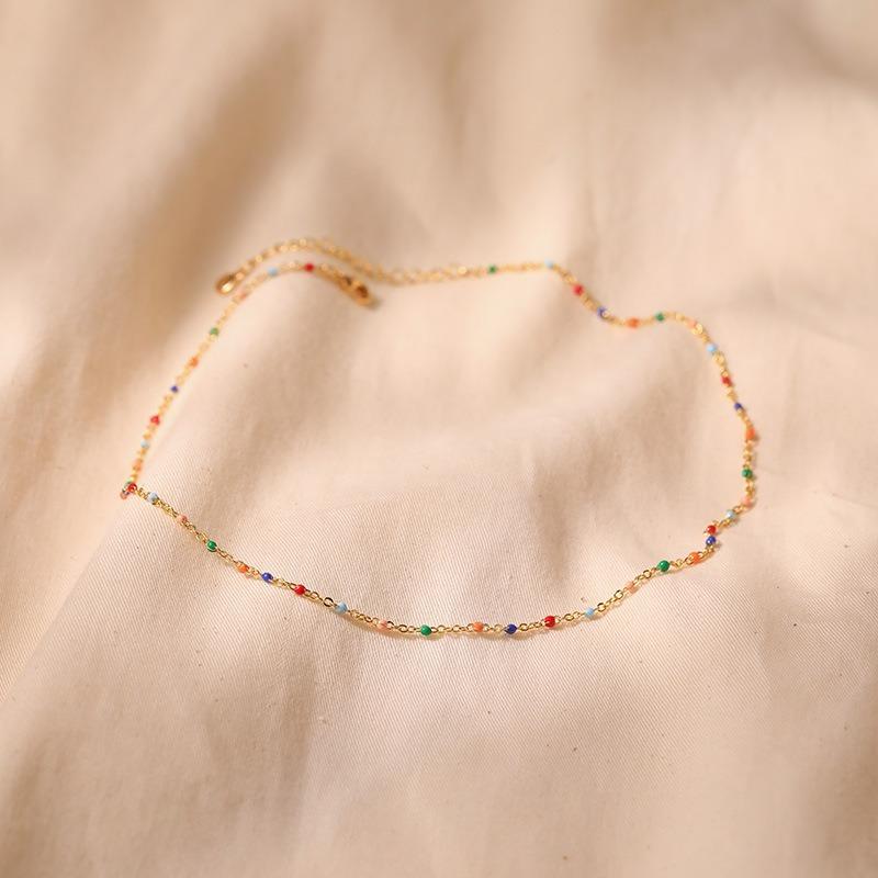 Gold Plated Dainty Mini Rainbow Enamel Bead Station Choker Necklace