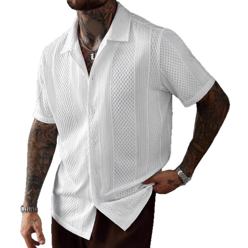 Men s Short-Sleeve Shirt, Solid Color Knit Hollow-Out Collar, Breathable Summer Top S белый
