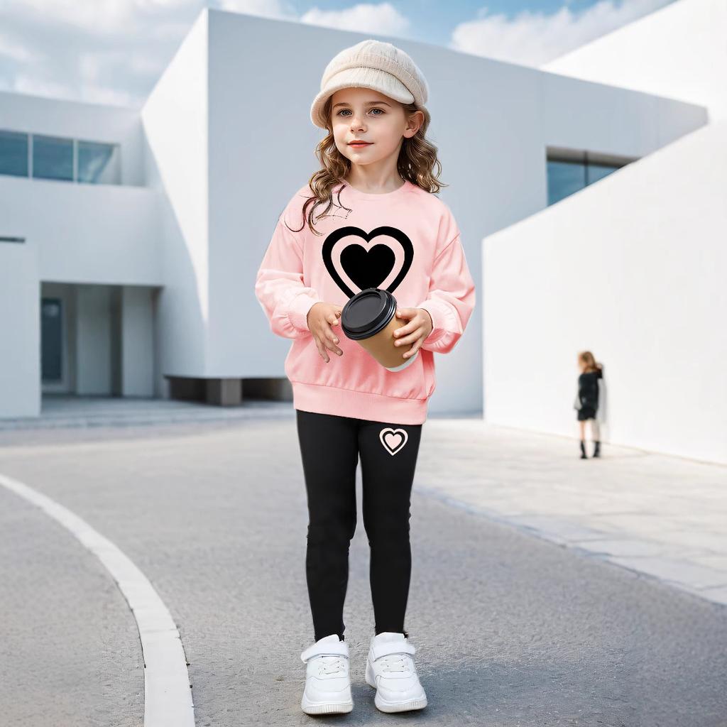 Summer Children's Casual Cartoon Love Printed Long-sleeved Sweatshirt and Leggings Suit