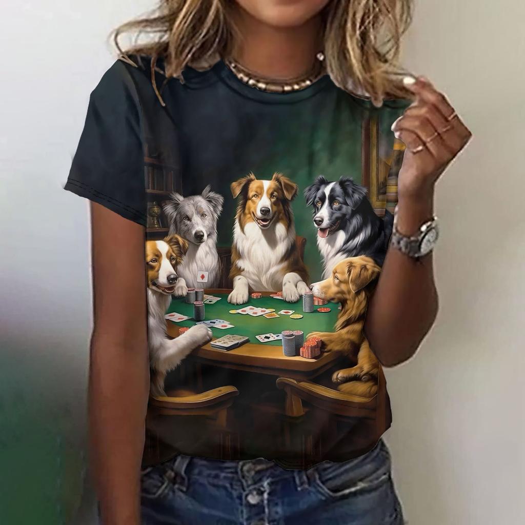 Fun animal pattern women's T-shirt cat print casual short sleeved top