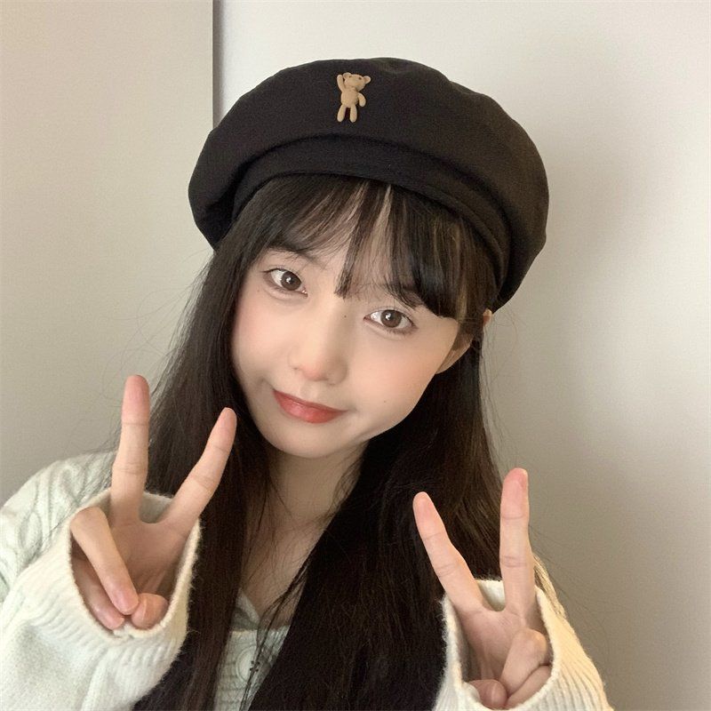 New Bear Brown Beret Women's Autumn and Winter Woolen Versatile Showing Face and Small Temperament Winter Painter Hat