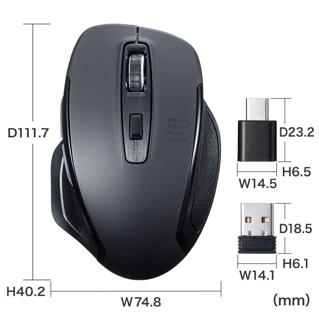 SANWA SUPPLY Silent Wireless Blue LED Mouse with Type-C and A Connectors, Large, 5 Buttons, MA-WBLC169BK