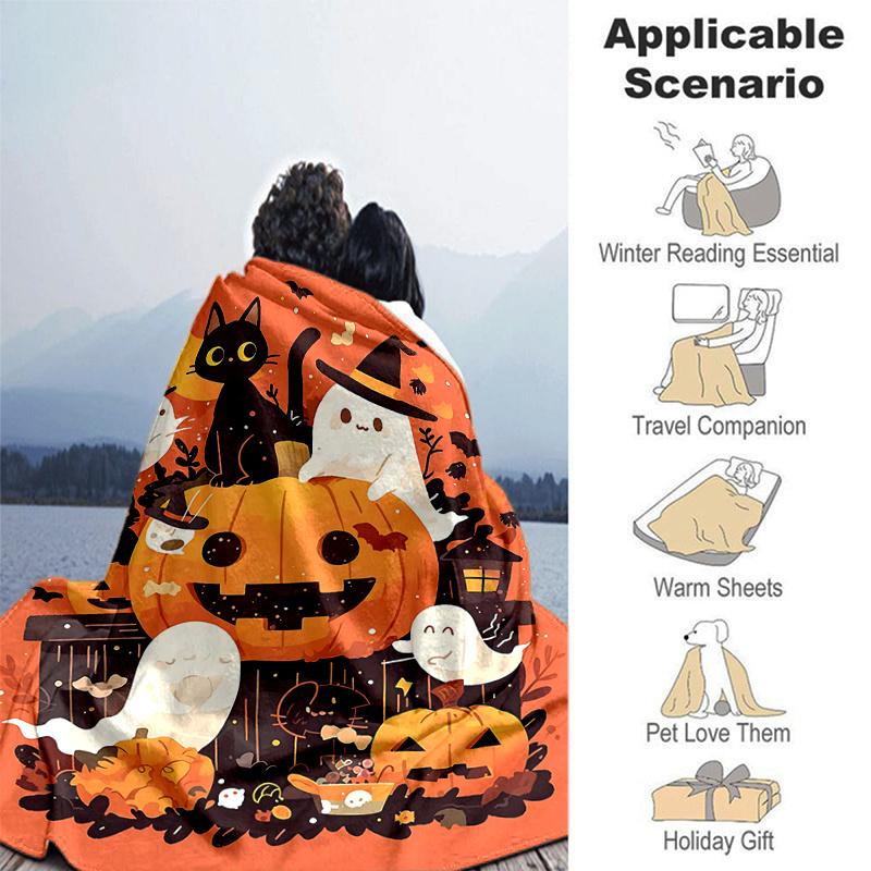 1pc Cats & Ghosts & Pumpkins Halloween Blanket  Seasonal Universal Home Decorative, Living Room, Travel, Camping, Car Blankets