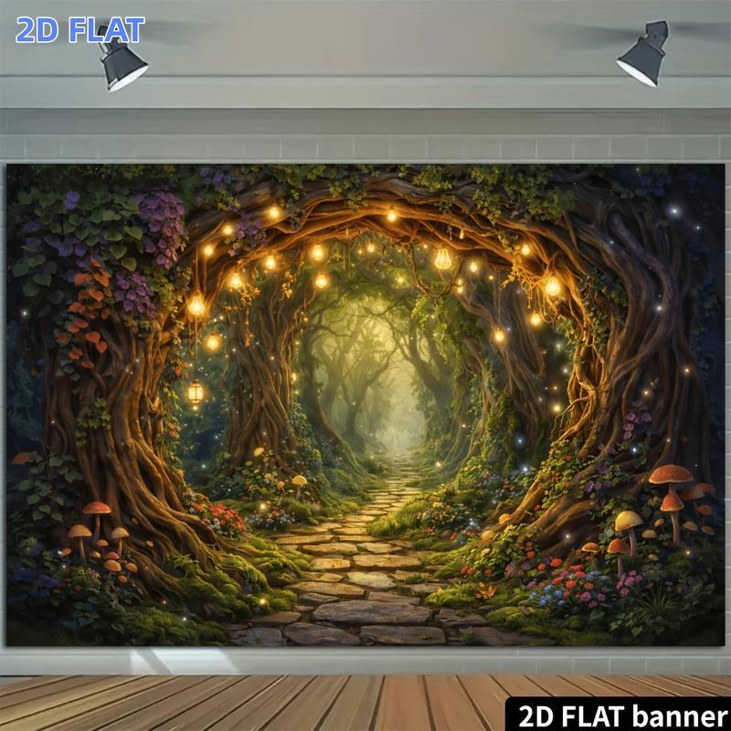 2D Flat Banner, 1 Piece of Magical Forest Themed Backdrop Cloth, Featuring Vine Arches and Pebbleszyc