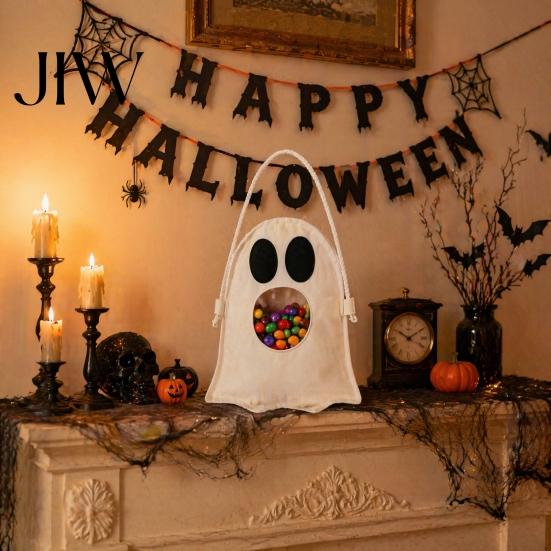Kids Halloween Accessory Ghost Candy Bag for Kids, Cute Fabric Treat or Trick Lightweight Carrier Tote with Handle, Spooky Snack Goodie Bags