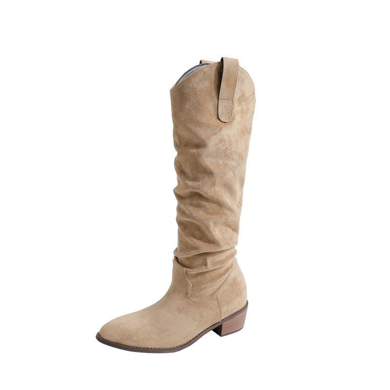 Cowhide version inner height-increasing boots retro thick heel mouth stack boots pointed western cowboy knight boots